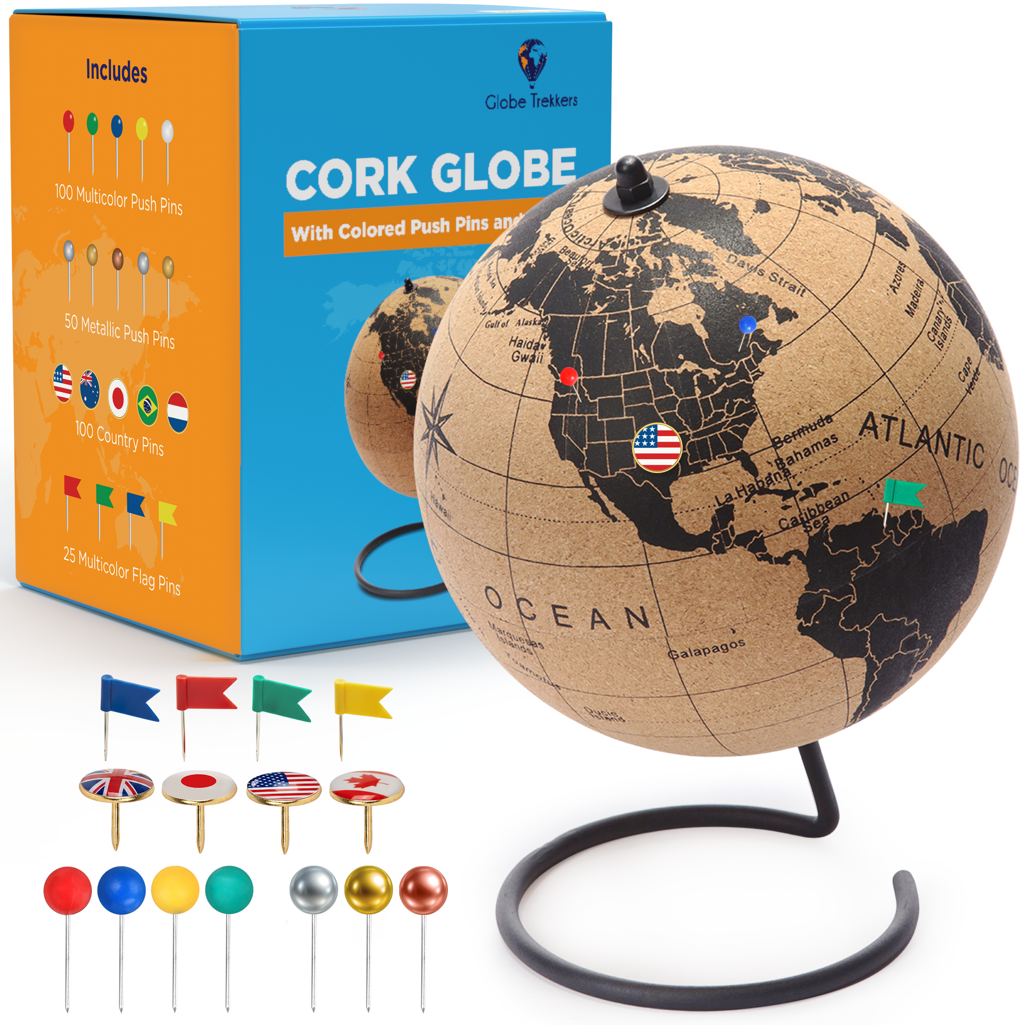 Globe Trekkers black cork globe with country flag pins, metallic pins, and flag pins — our best-selling style